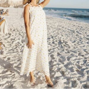 J. Marie Jenna Tie Strap Square Neck White Floral Daisy Lace Shift Midi Dress